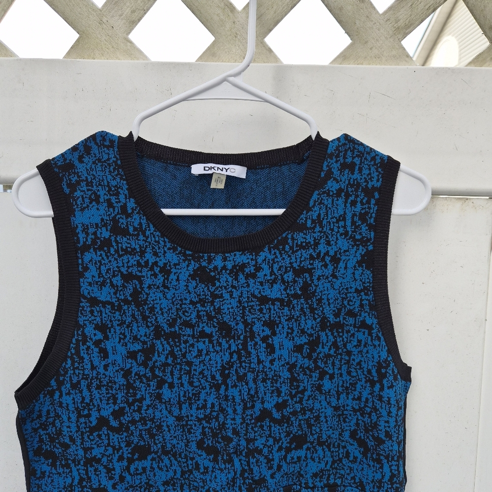 DKNYC Blue Black Abstract Crackle Knit Sleeveless Sheath Dress XL Round Neck - Picture 3 of 7